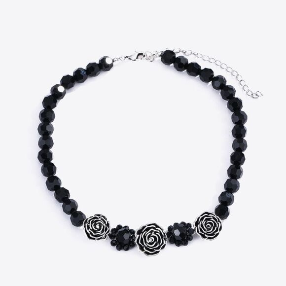 🌹 Silver-Plated Rose Black Beaded Lobster Clasp Necklace High Neck - Picture 6 of 8